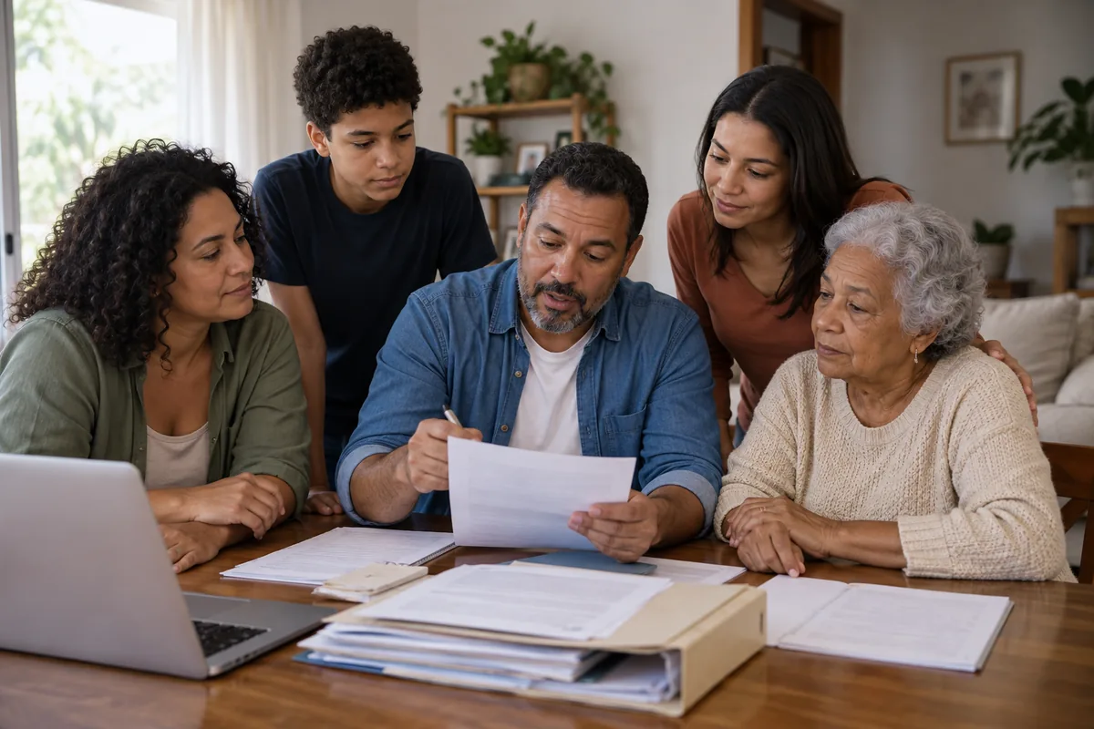 Família multigeracional conversa sobre classes de dependentes do INSS
