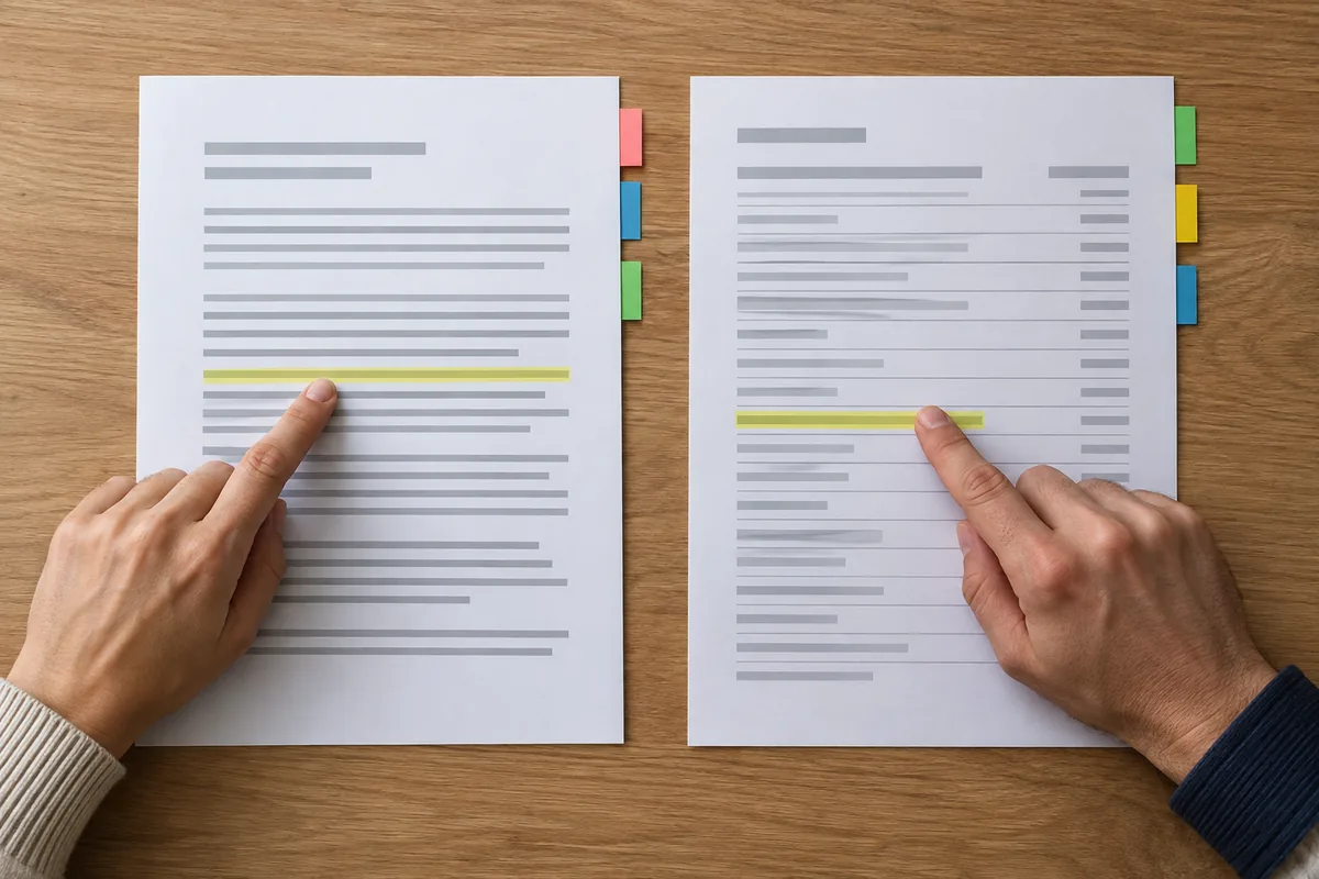 Documentos lado a lado destacam cláusula e cobrança correspondente