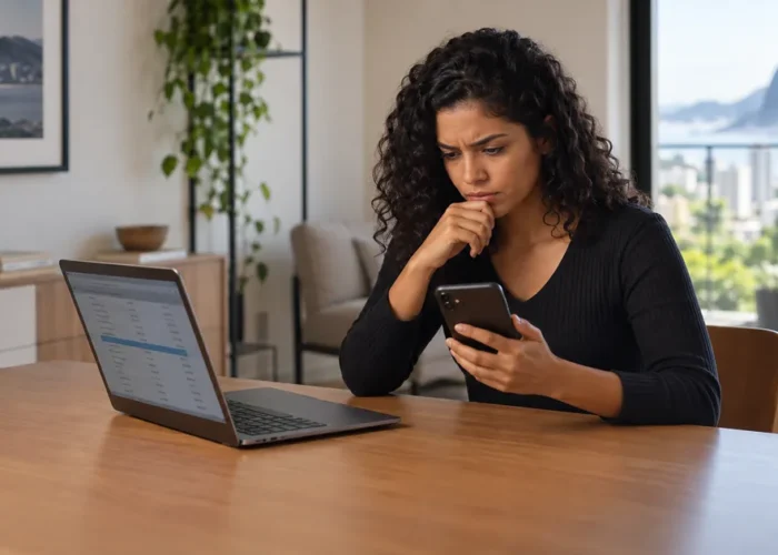 Cliente compara celular e extrato bancário para identificar cobrança indevida