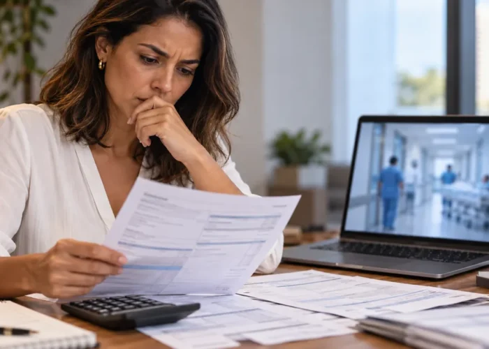 Consumidora analisa faturas e calcula cobrança indevida do plano de saúde