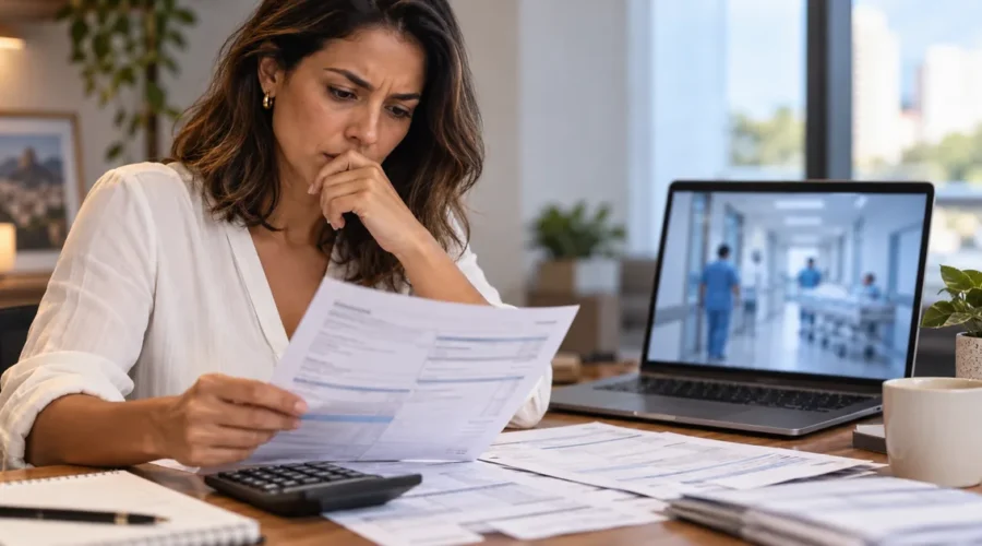 Consumidora analisa faturas e calcula cobrança indevida do plano de saúde
