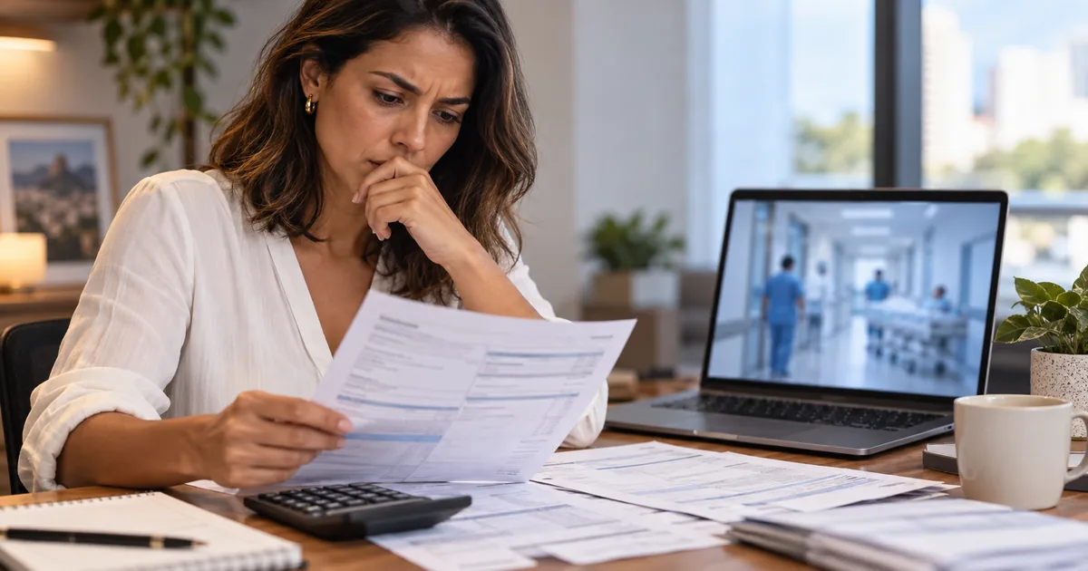 Consumidora analisa faturas e calcula cobrança indevida do plano de saúde