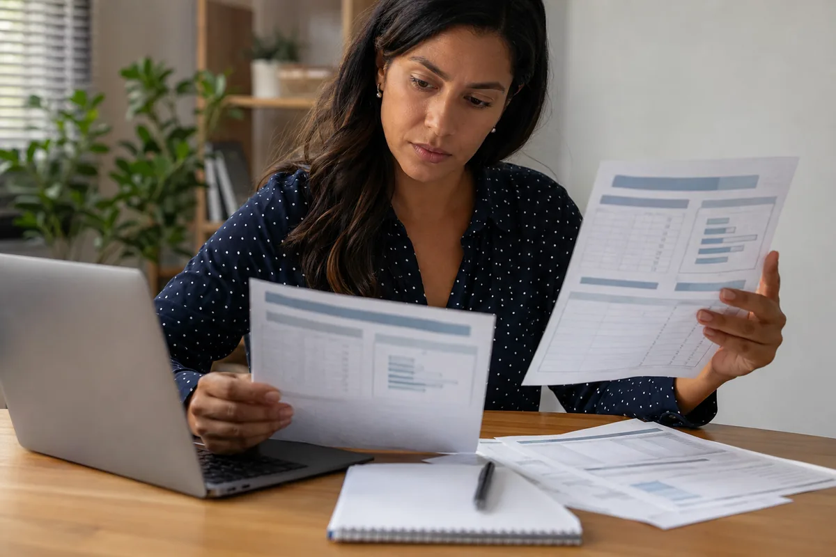 Profissional compara documentos de função e remuneração