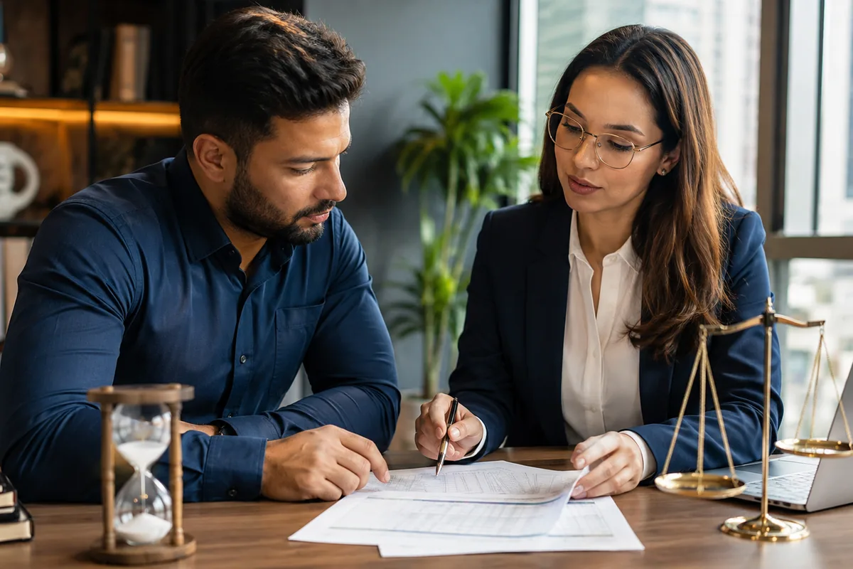 Trabalhador e advogada analisam registros para compensação de horas extras