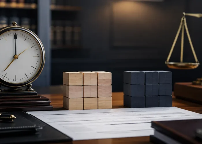 Relógio e blocos equilibrados representam compensação de horas extras
