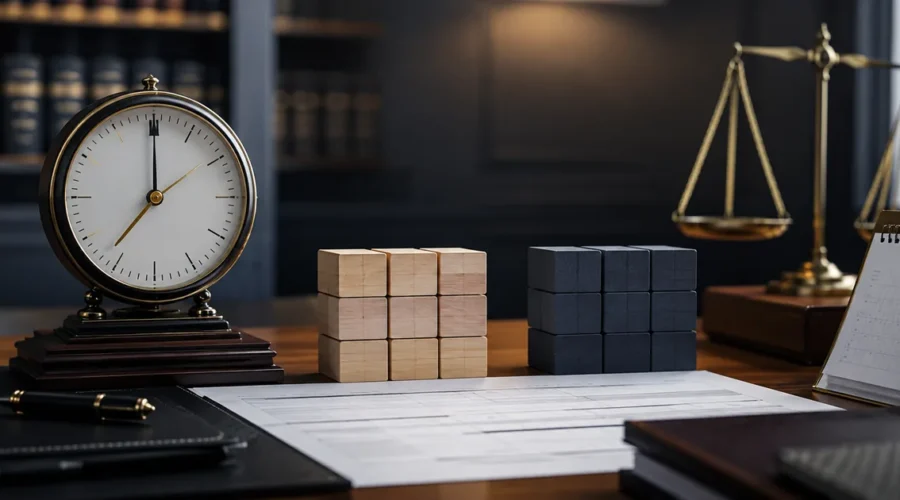 Relógio e blocos equilibrados representam compensação de horas extras