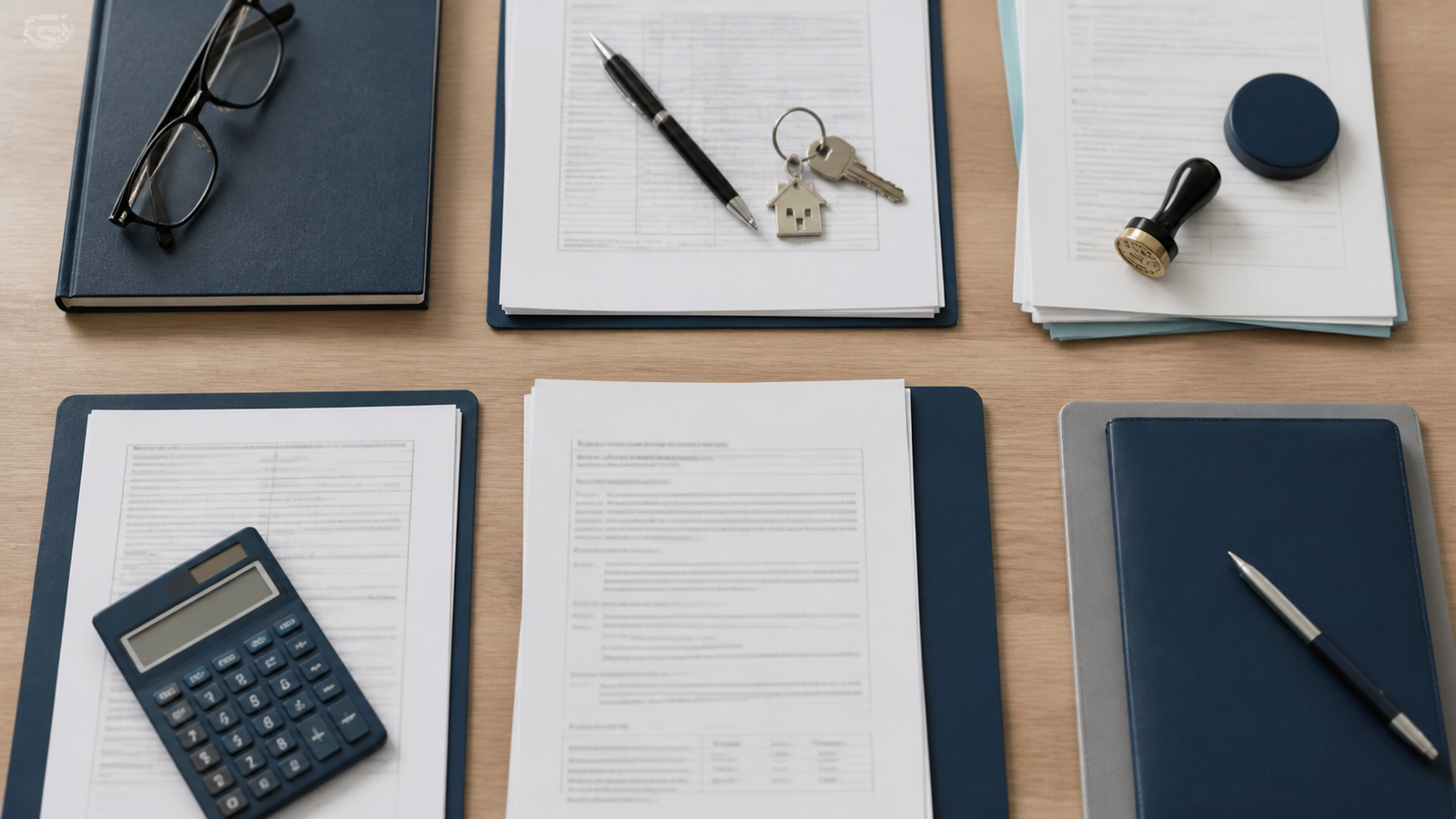 Mesa com documentos, calculadora e chaves que representam componentes do custo do inventário