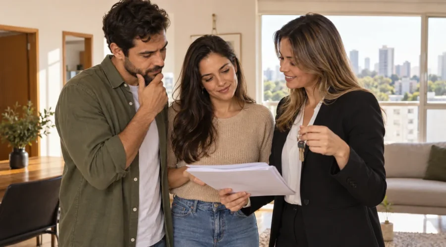 Compradores analisam documentos e chaves antes de adquirir imóvel usado