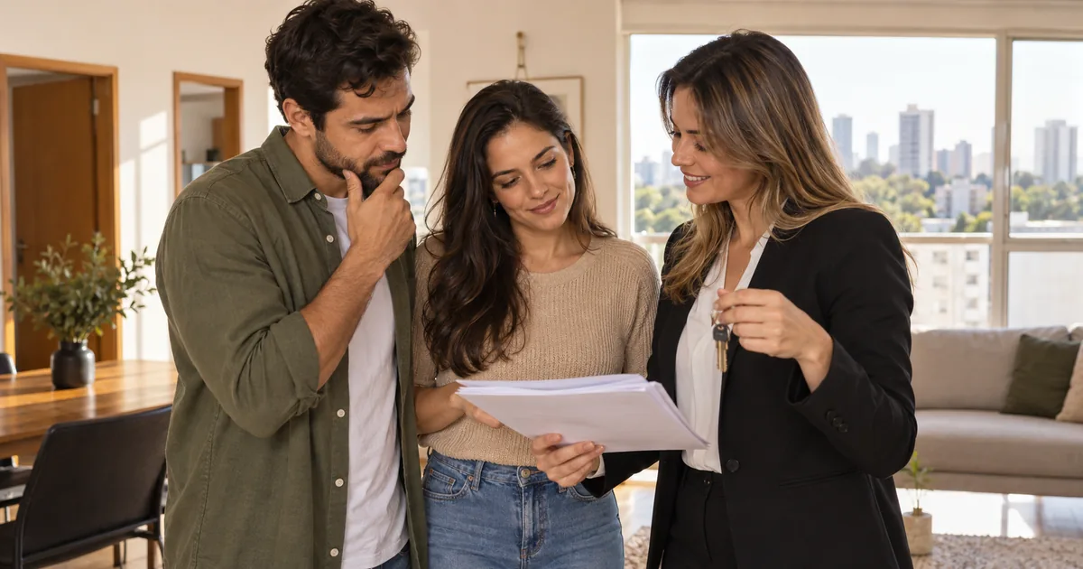 Compradores analisam documentos e chaves antes de adquirir imóvel usado