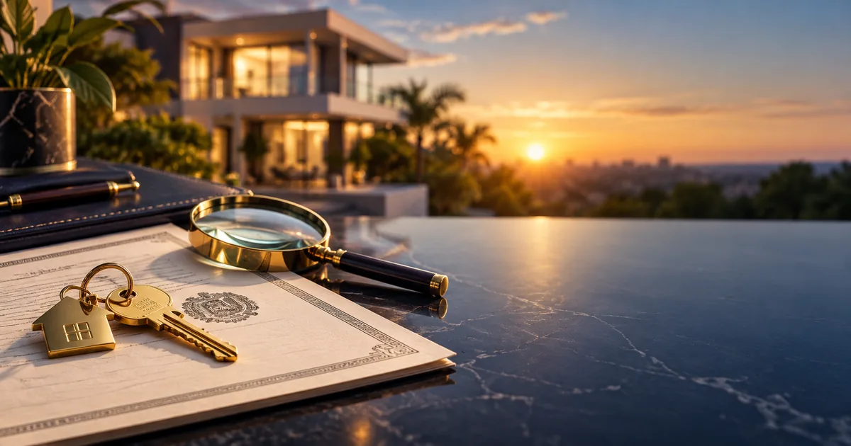 Matrícula, lupa e chaves diante de imóvel residencial