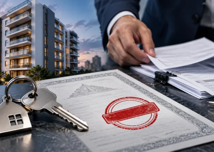 Chave, matrícula com restrição e prédio residencial em análise jurídica