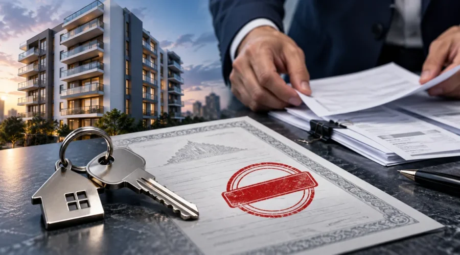 Chave, matrícula com restrição e prédio residencial em análise jurídica