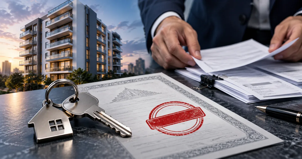 Chave, matrícula com restrição e prédio residencial em análise jurídica