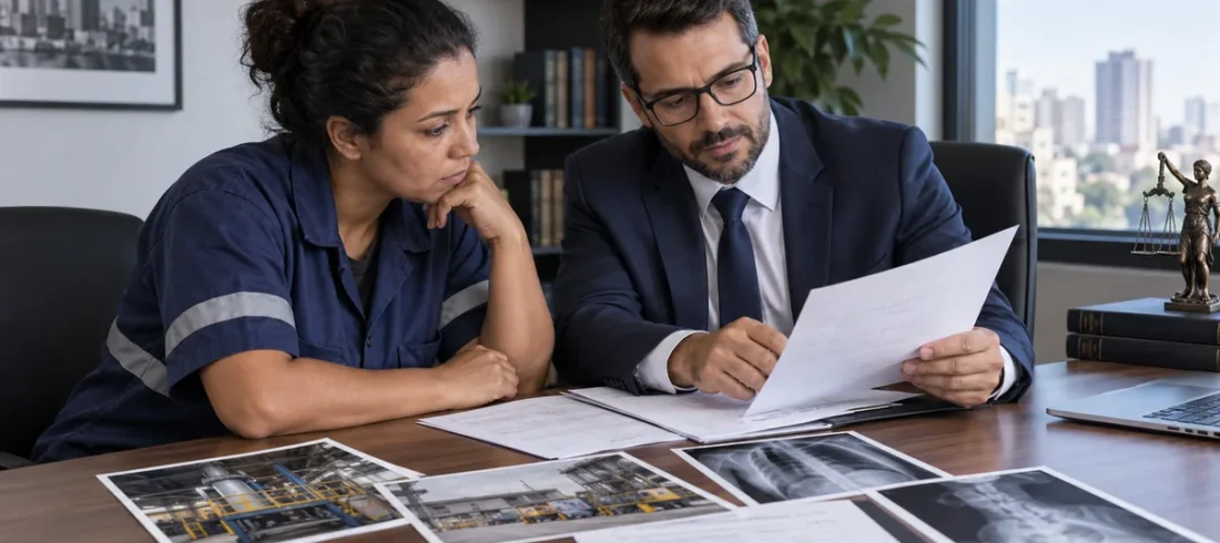 Como comprovar doença ocupacional Trabalhadora e advogado analisam documentos e imagens do trabalho