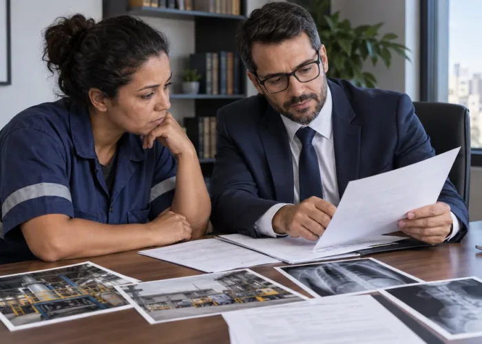 Trabalhadora e advogado analisam documentos e imagens do trabalho
