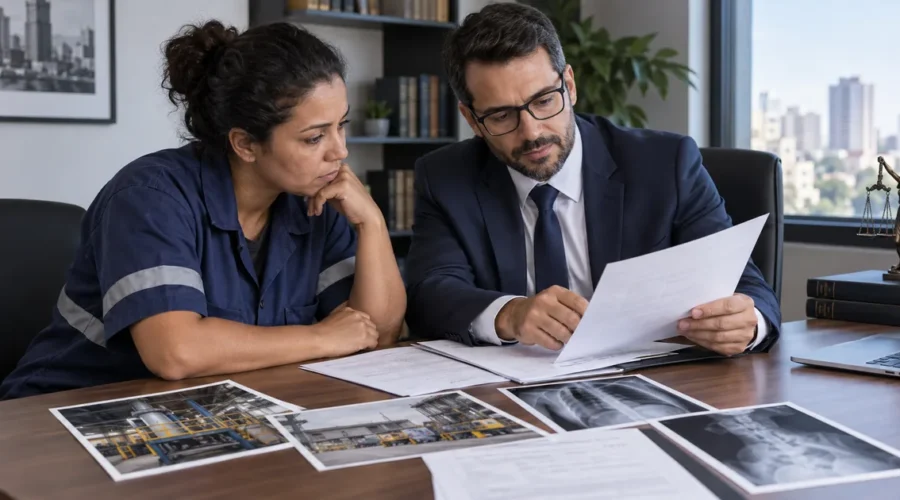 Trabalhadora e advogado analisam documentos e imagens do trabalho