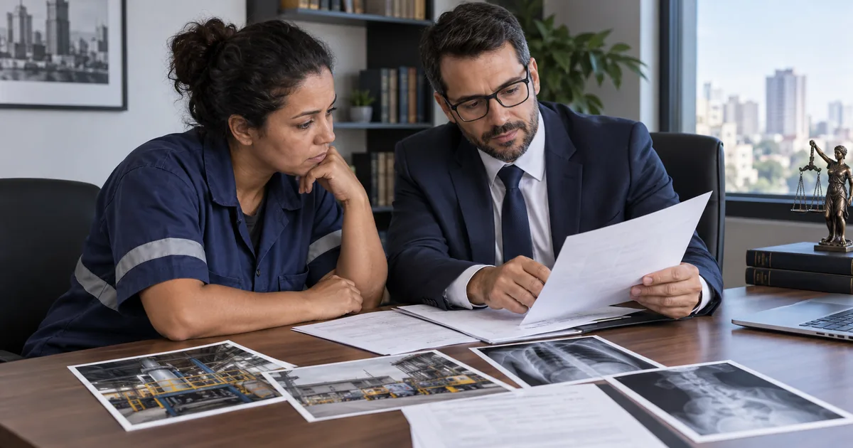 Trabalhadora e advogado analisam documentos e imagens do trabalho
