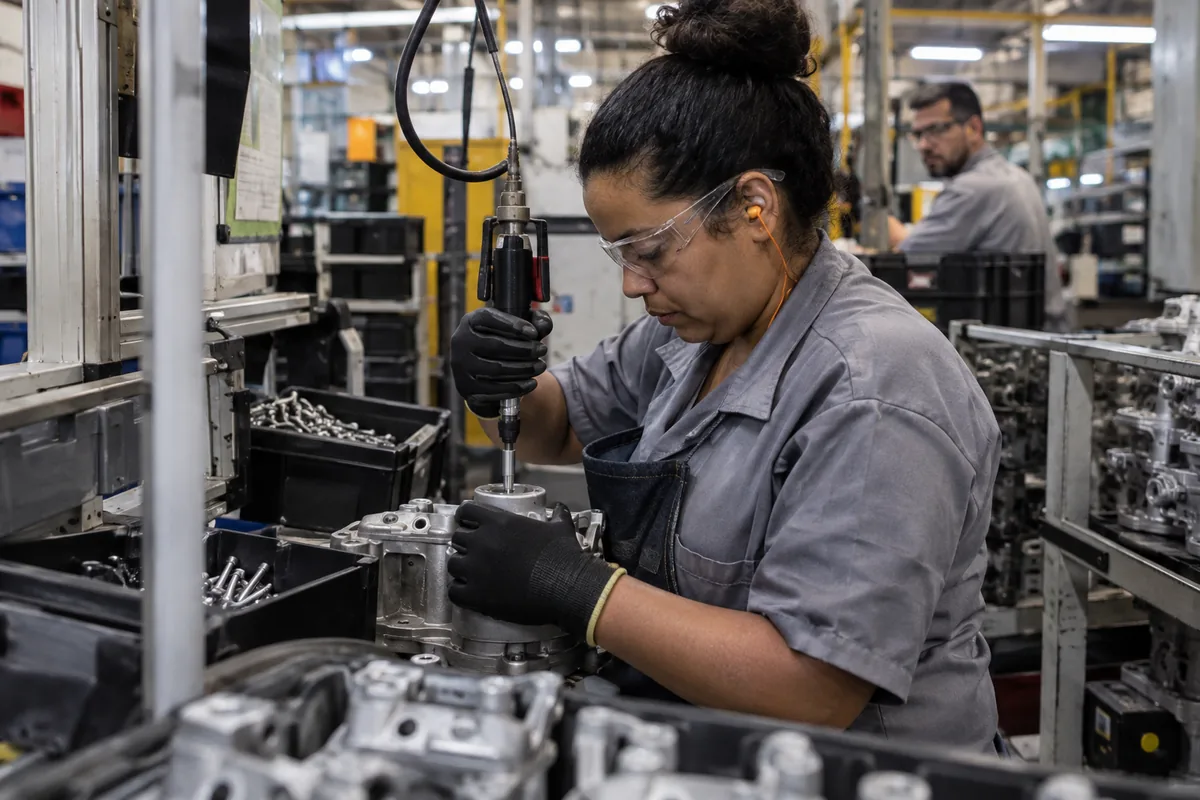 Trabalhadora executa tarefa repetitiva em ambiente industrial