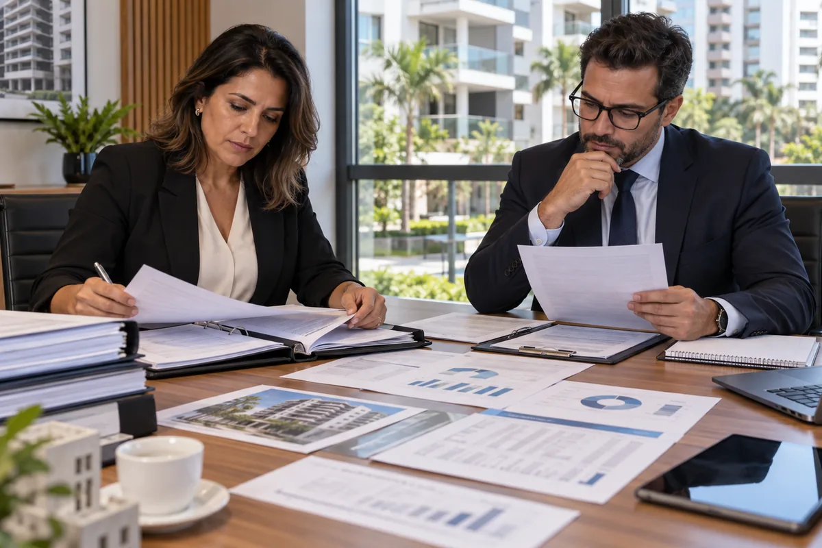 Síndica e advogado revisam atas, contratos, balancetes e documentos condominiais