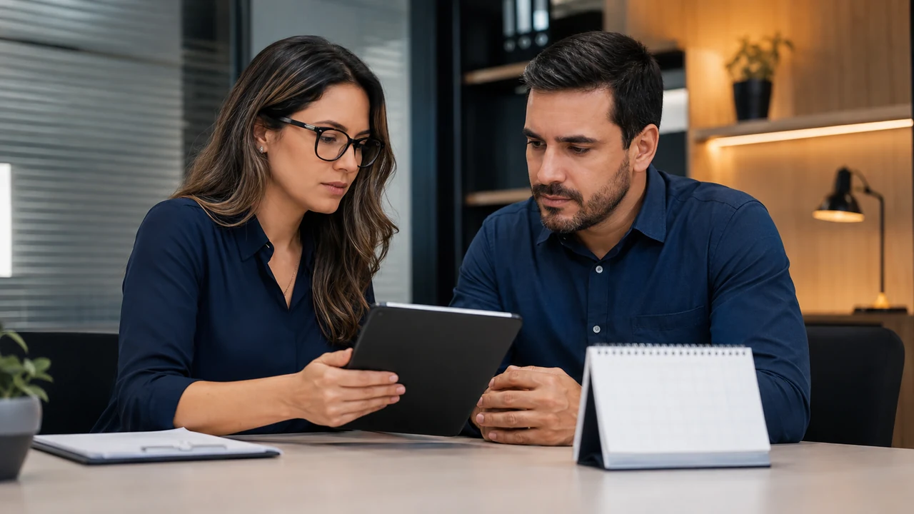 Empregado e profissional de RH conferem registro de jornada