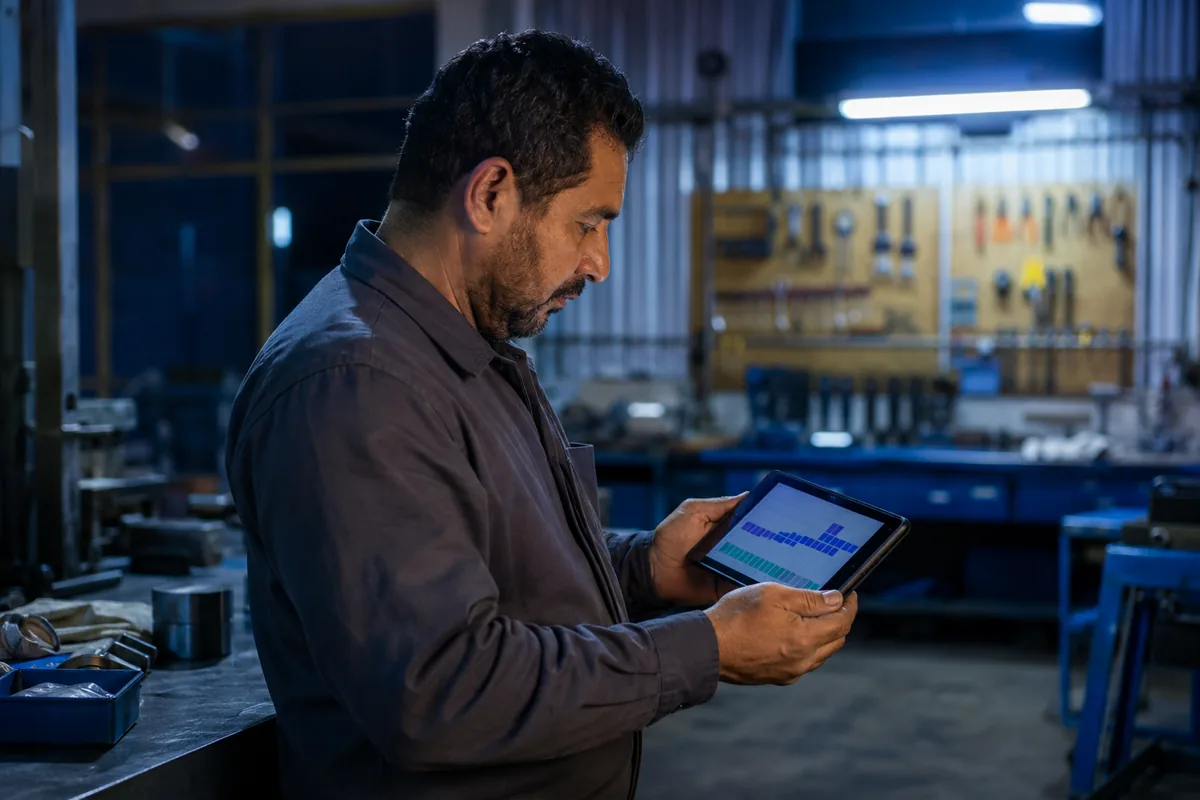 Trabalhador analisa registros do turno noturno em tablet