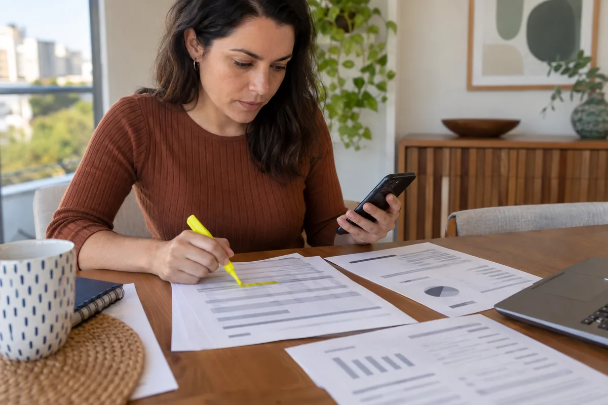 Consumidora confere registros financeiros e destaca informação desconhecida
