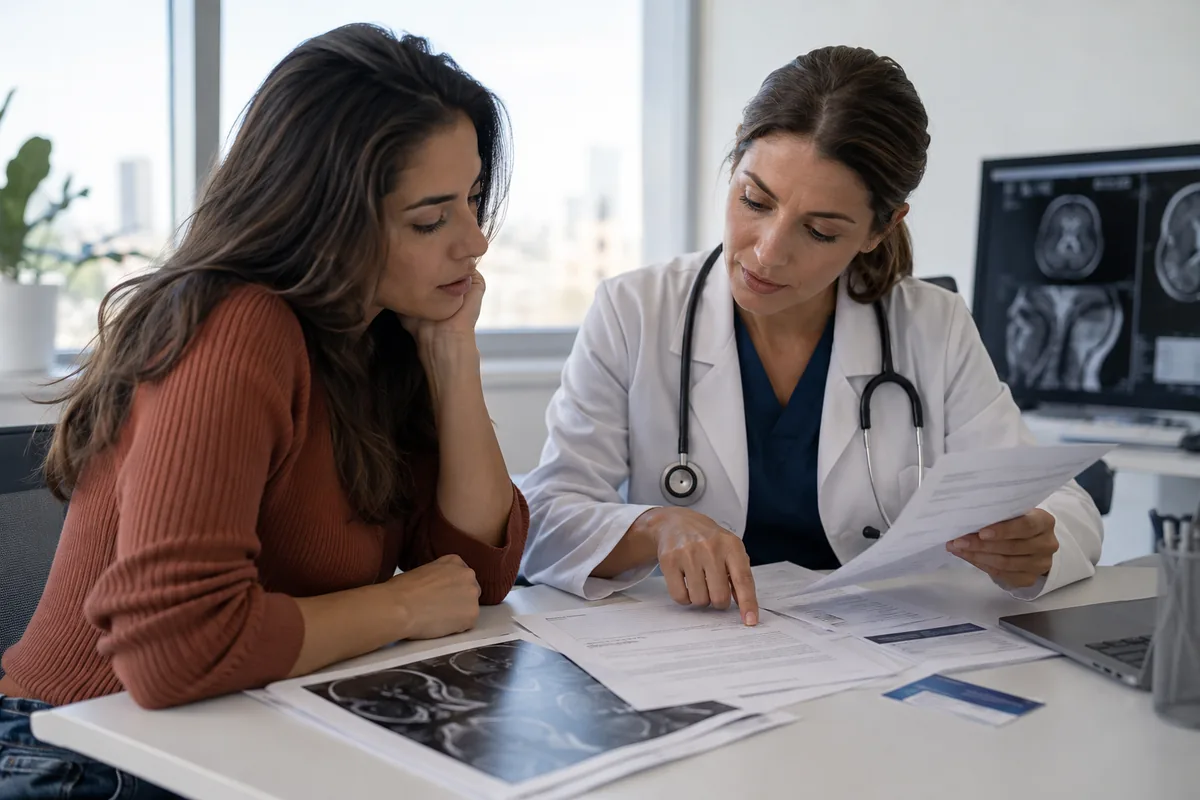 Médica e paciente conferem pedido e indicação de exame