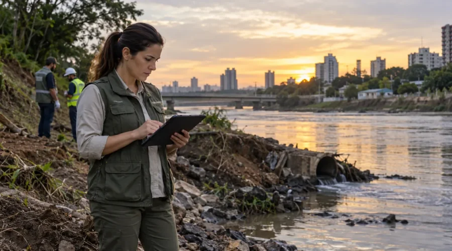 Especialista registra evidências ambientais na margem de um rio urbano