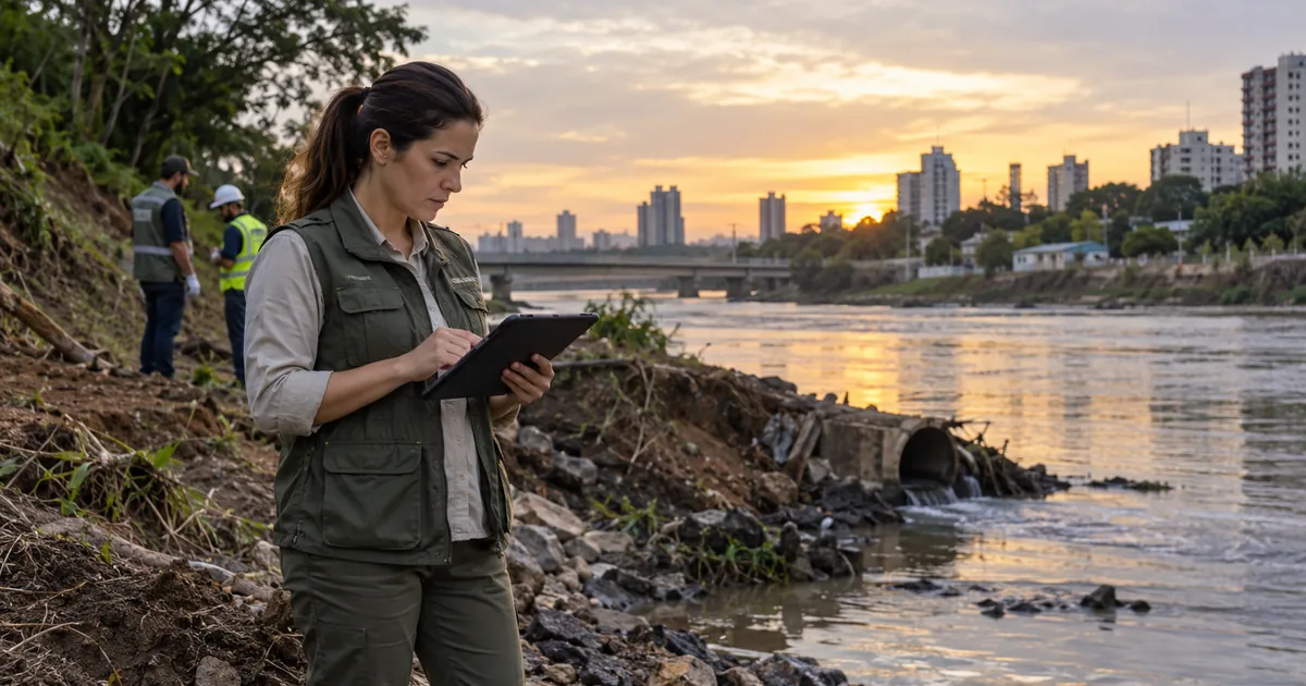 Especialista registra evidências ambientais na margem de um rio urbano