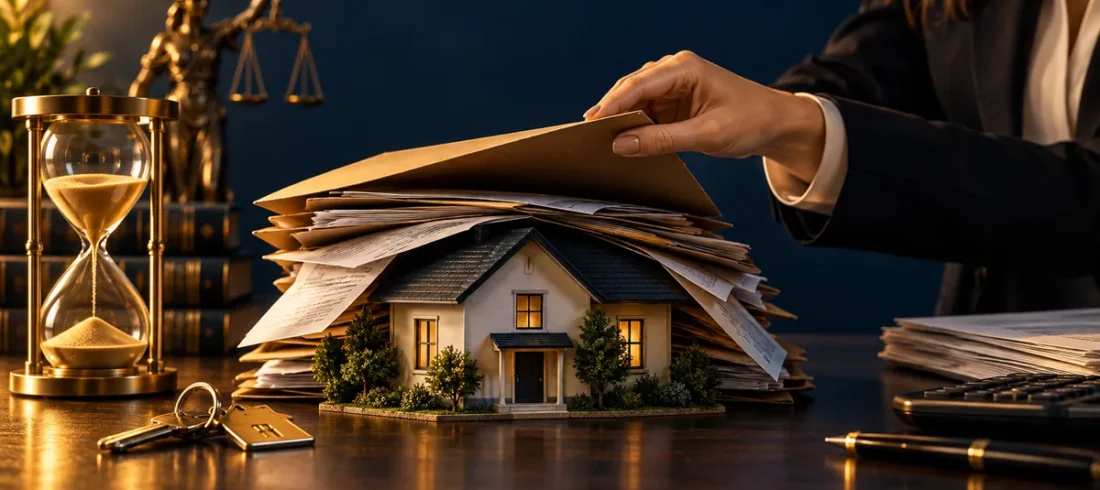 Consequências de não fazer inventário Imóvel sob documentos e ampulheta representa atraso no inventário