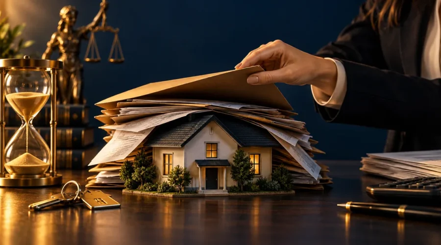 Imóvel sob documentos e ampulheta representa atraso no inventário