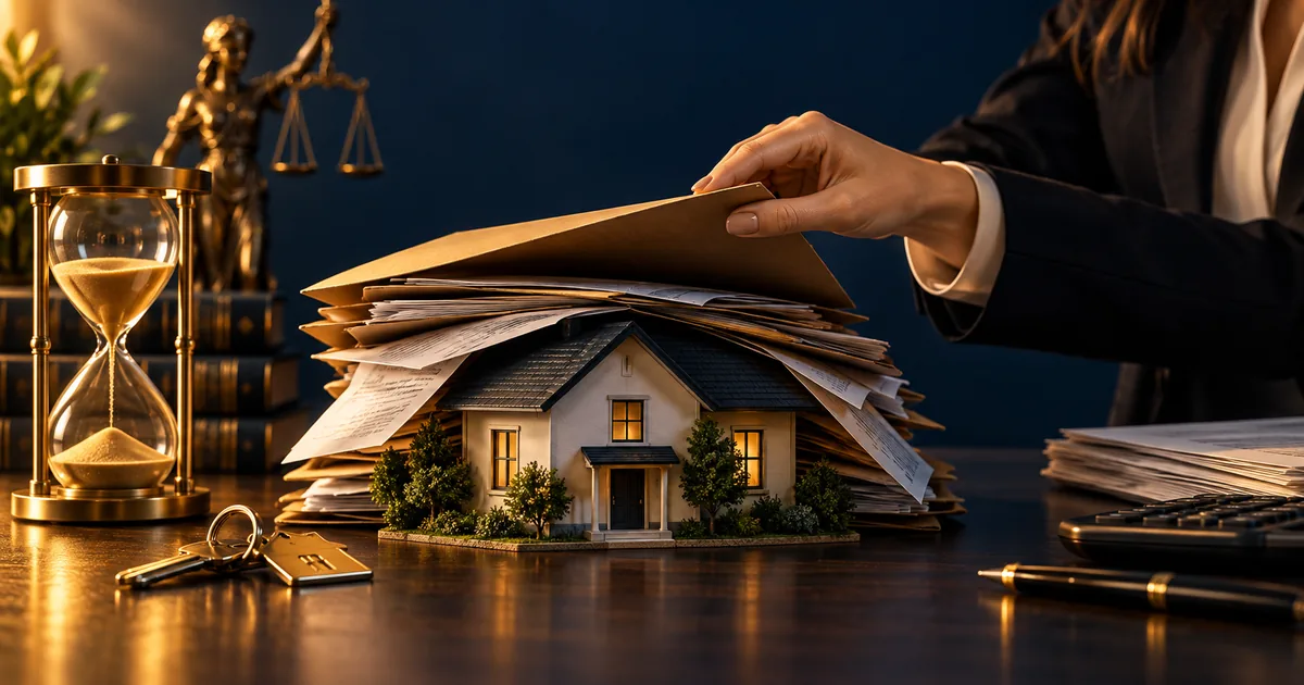 Imóvel sob documentos e ampulheta representa atraso no inventário