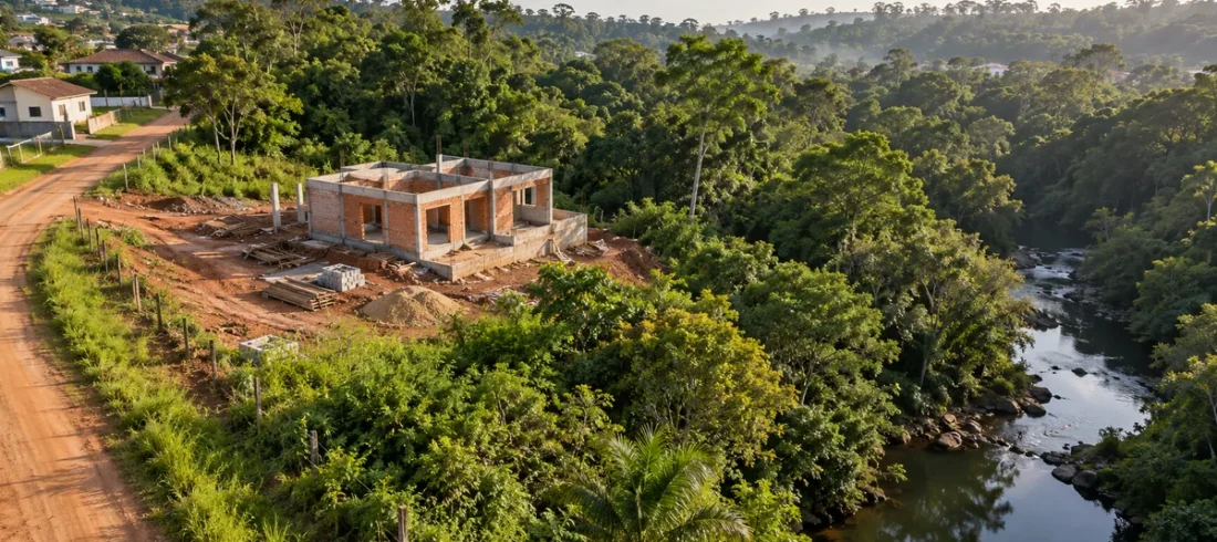 Vista aérea de construção inacabada próxima a mata e curso d'água