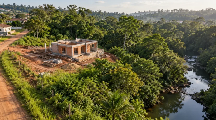 Vista aérea de construção inacabada próxima a mata e curso d'água