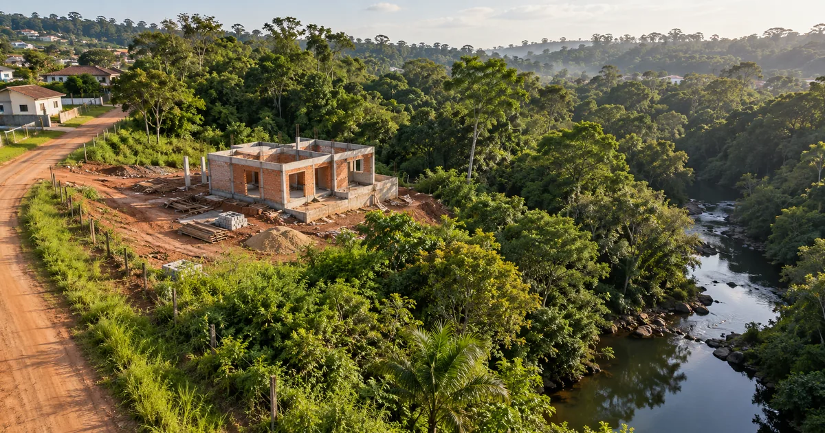 Vista aérea de construção inacabada próxima a mata e curso d'água
