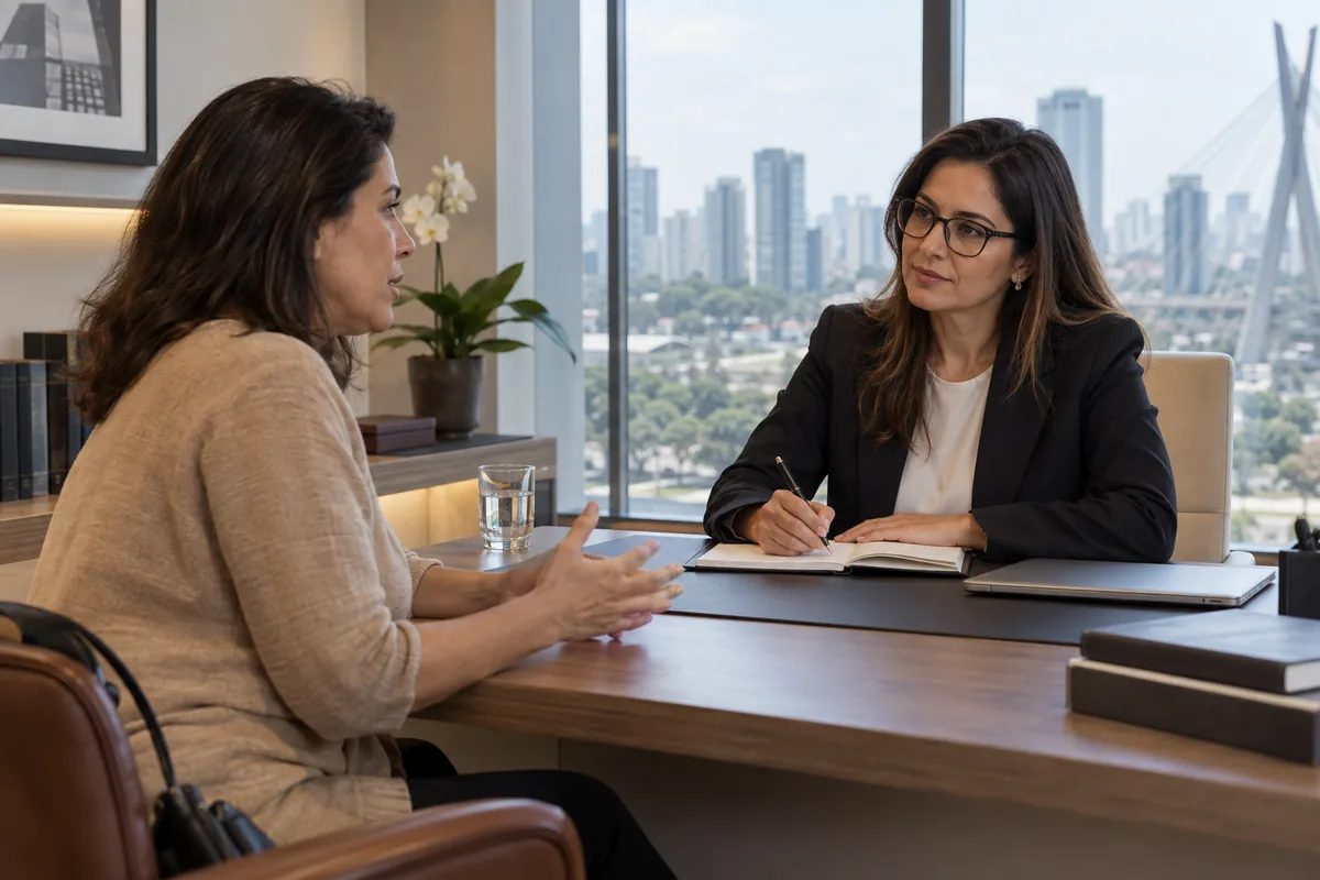 Cliente conversa com advogada de família em escritório de São Paulo