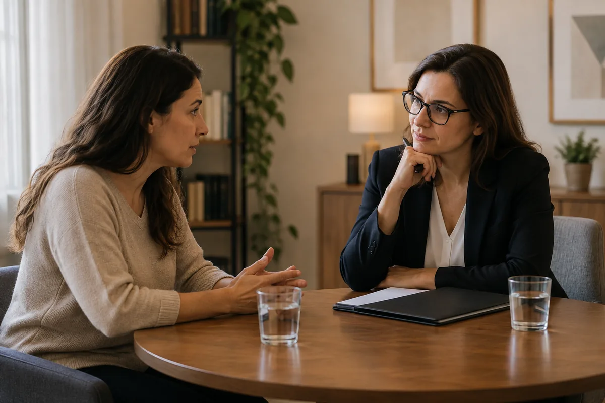 Cliente conversa de forma reservada com advogada de família