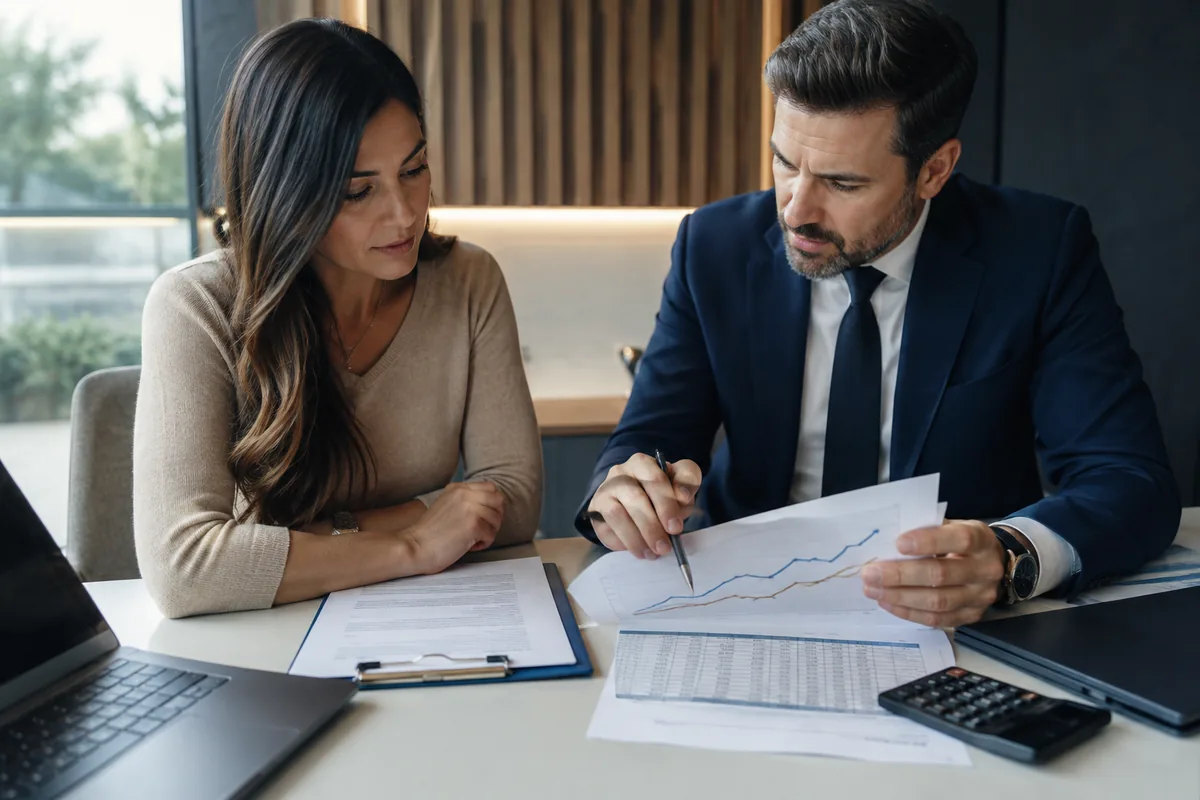 Advogado analisa contrato bancário e juros com cliente