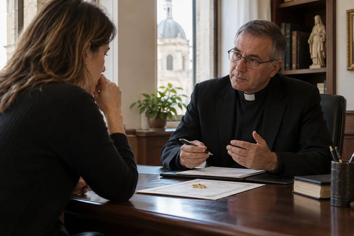 Pessoa em consulta reservada sobre nulidade matrimonial canônica