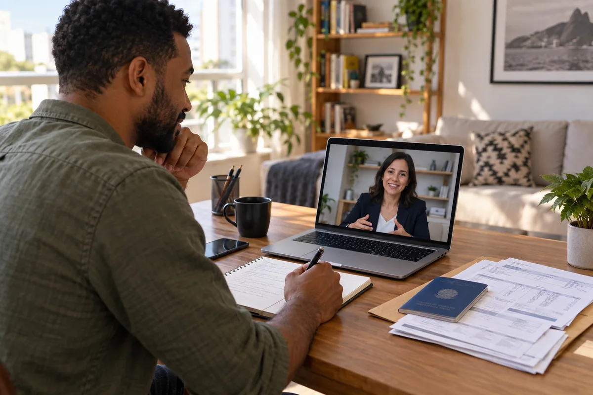 Trabalhador participa de consulta online com advogada trabalhista