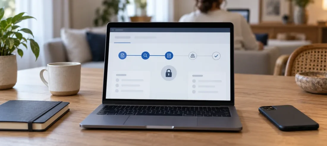 Consultar processo de divórcio preview Notebook com tela abstrata de acompanhamento sigiloso de processo de divórcio