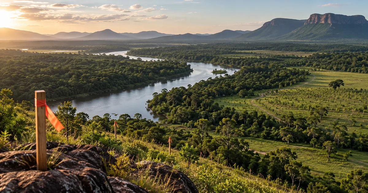 Paisagem em recuperação com marcos de levantamento de campo