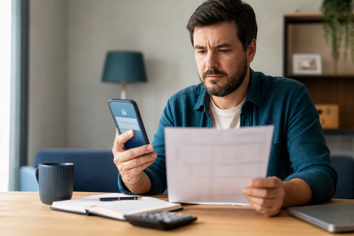 Pessoa verifica bloqueio da conta no celular e consulta extrato