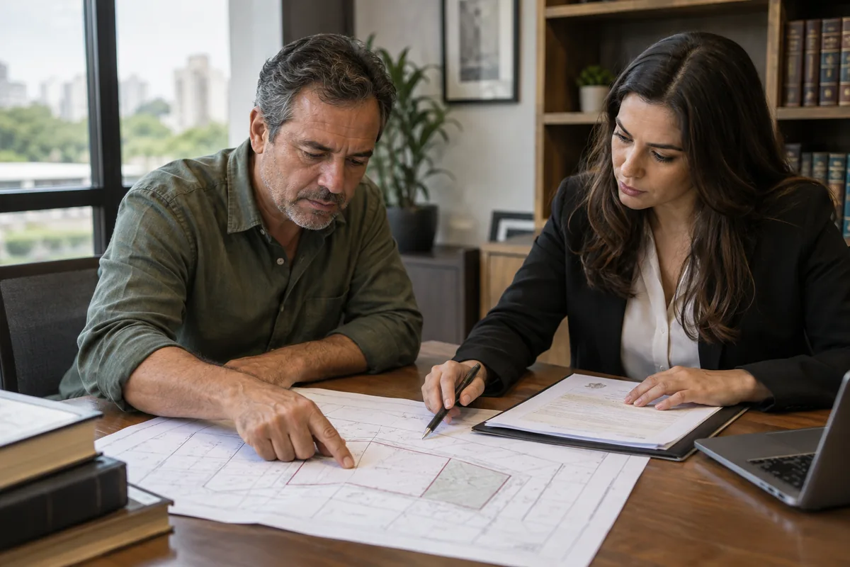 Proprietário e advogada analisam planta e documentos para contestar usucapião