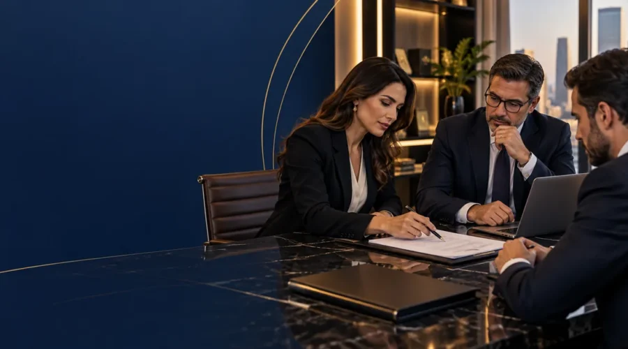 Advogada e executivos elaboram contrato empresarial