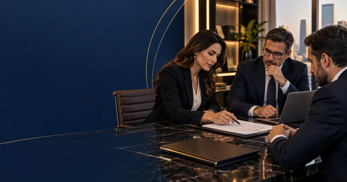 Advogada e executivos elaboram contrato empresarial