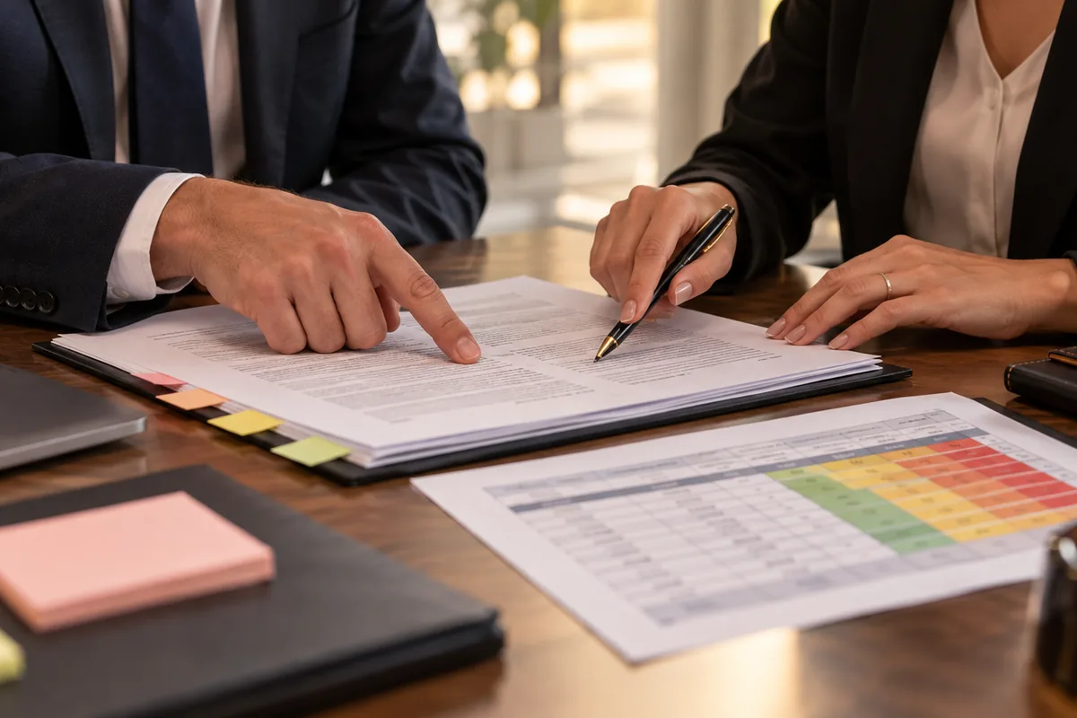 Profissionais revisam cláusulas e matriz de riscos do contrato