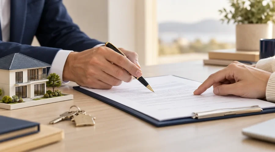 Partes conferindo contrato de imóvel antes da assinatura