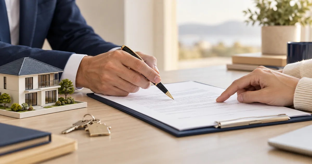 Partes conferindo contrato de imóvel antes da assinatura