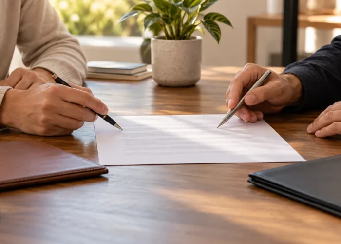 Duas pessoas revisam contrato de namoro com autonomia
